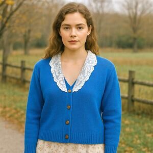 VTG 90s SILK Blue Knit Cardigan LG Lace Collar Cottagecore Granny Chic Sweater